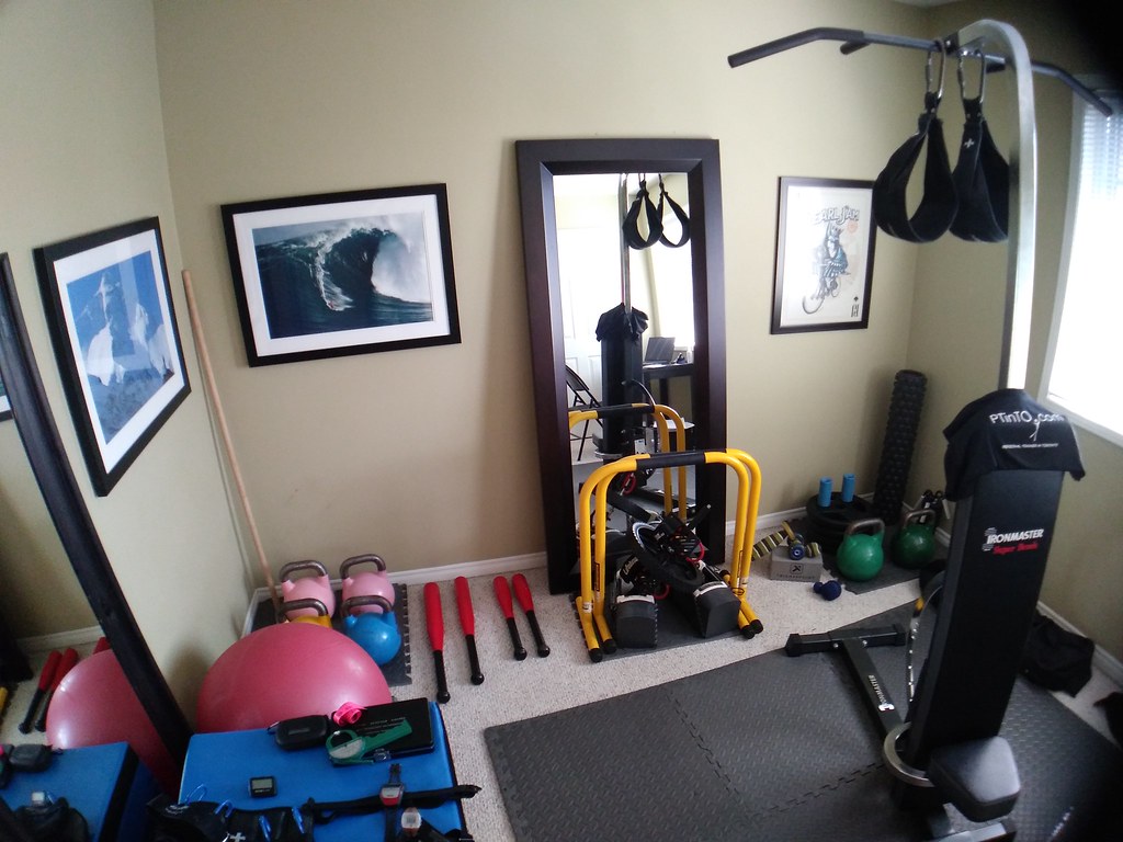 home gym fitness equipment in spare bedroom