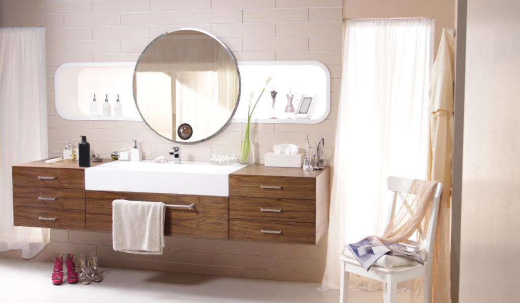 modern sink counter and mirror in luxury bathroom