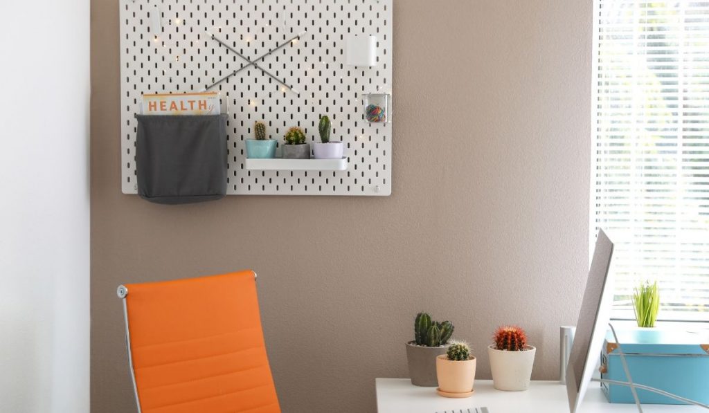 pegboard on the wall holding plants and magazines