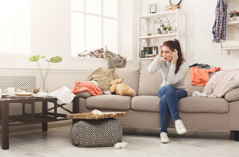 woman talking on the phone stressed because of her messy living room