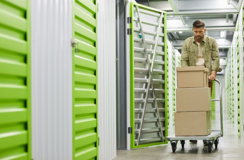 man pushing a trolley in a self storage facility