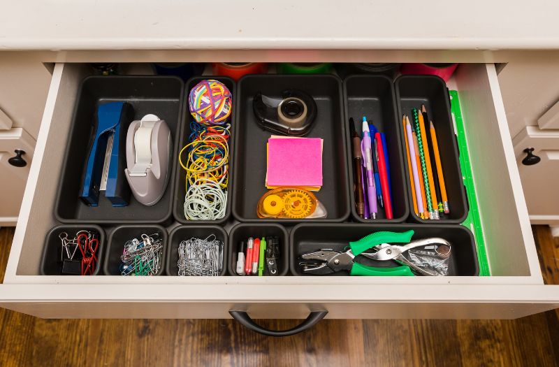 drawers with office supplies neatly organized