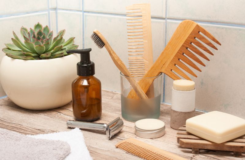 bathroom essentials on the counter