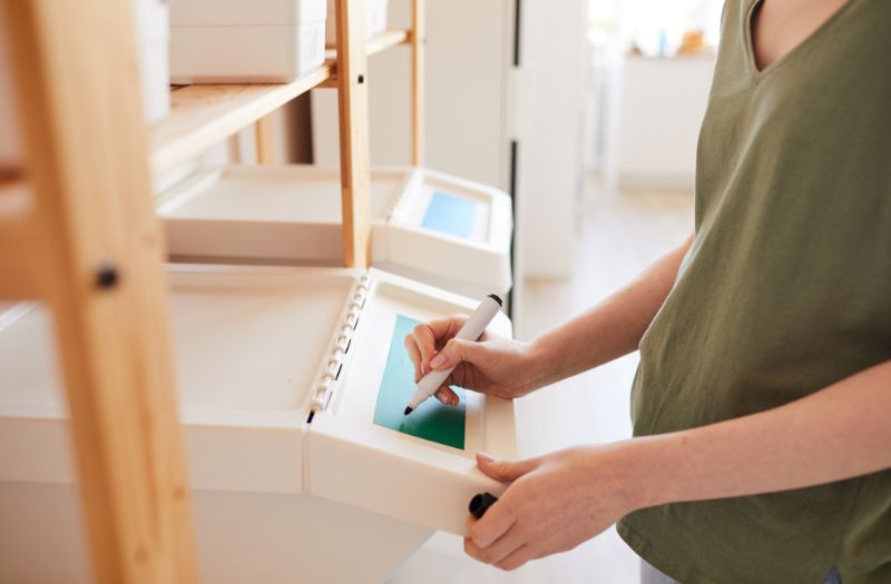 woman labeling her storage bins