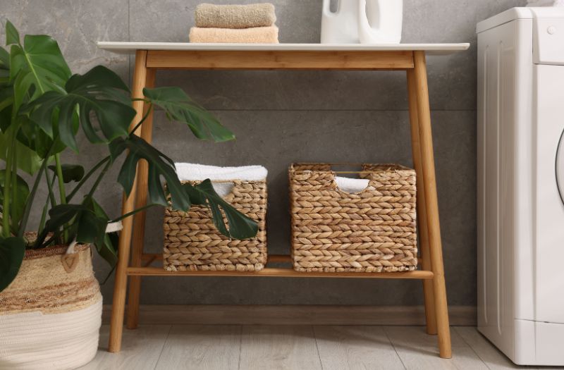 cute woven baskets for towels in the laundry room